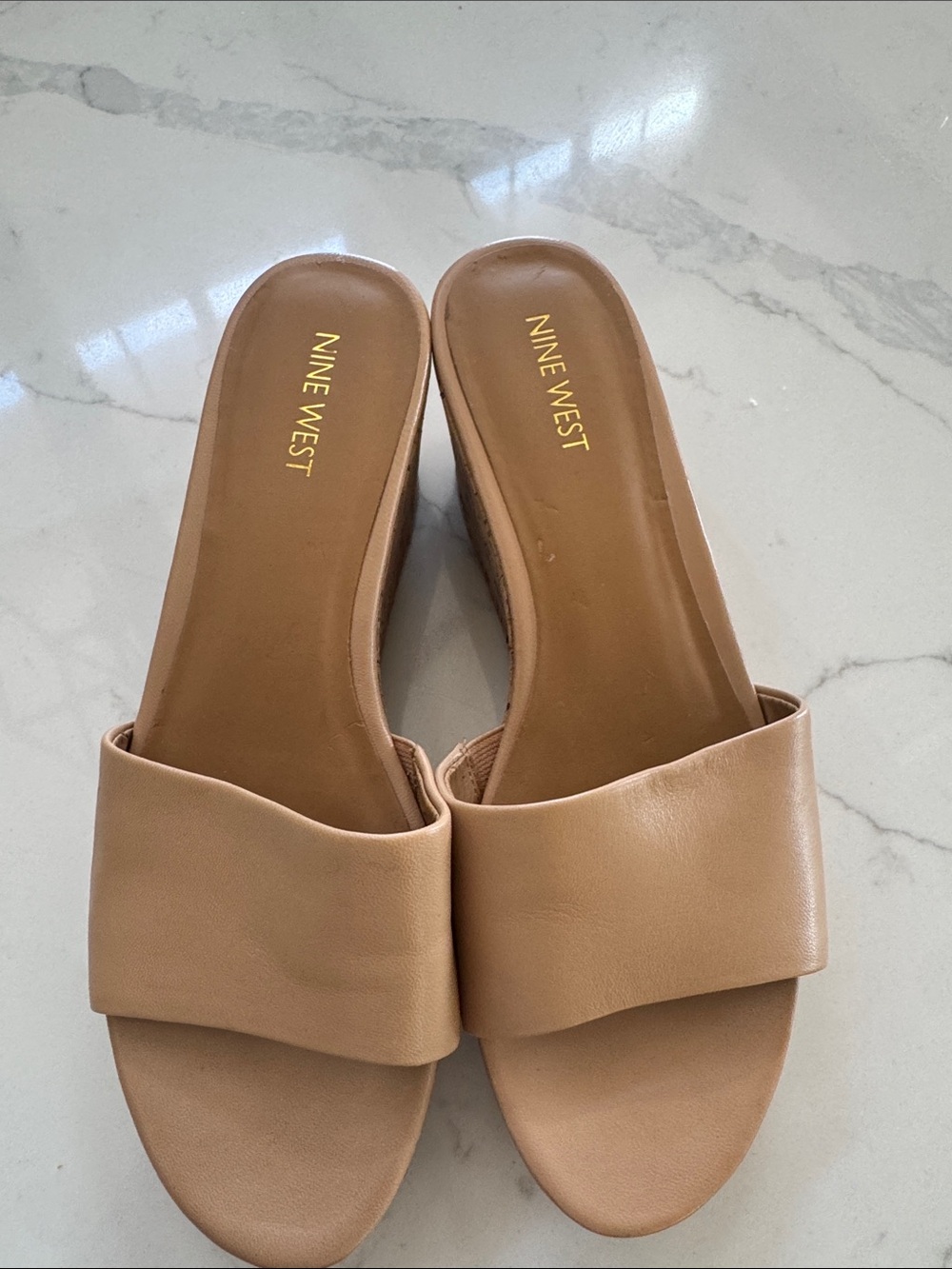 Nine West Beige Leather Cork Wedge Slides - Picture 2 of 4